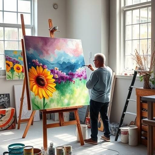 Fotografia de um artista pintando em um atelier, capturando a criatividade e a inspiração.