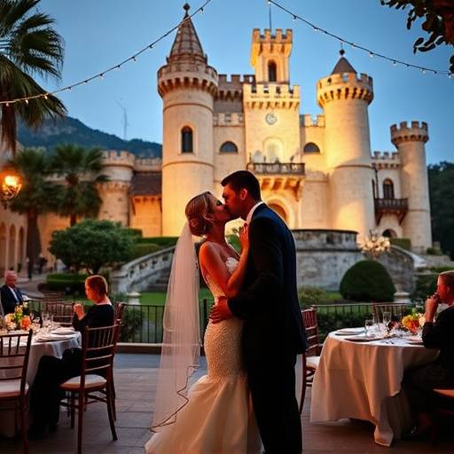 Fotografia de um casal se beijando durante a recepção do casamento em um local histórico em Sintra.