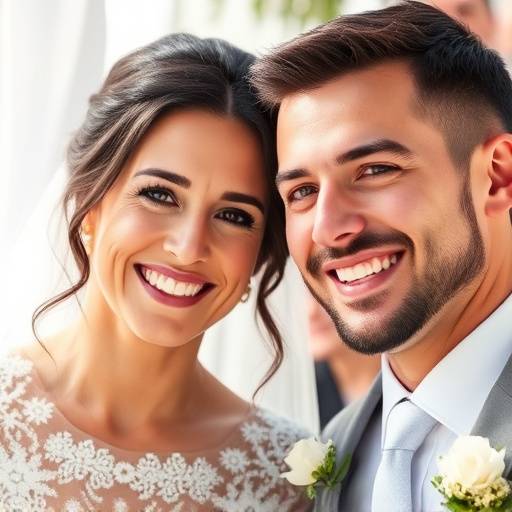 Fotografia de um casal sorrindo durante a cerimônia de casamento em Lisboa.