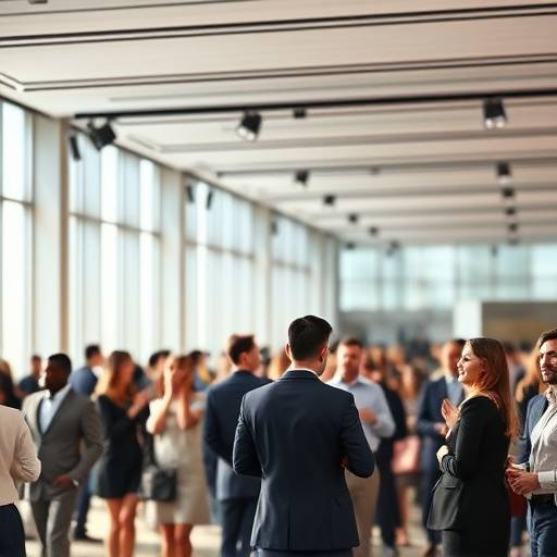 Fotografia de um evento corporativo com pessoas interagindo em um ambiente elegante.