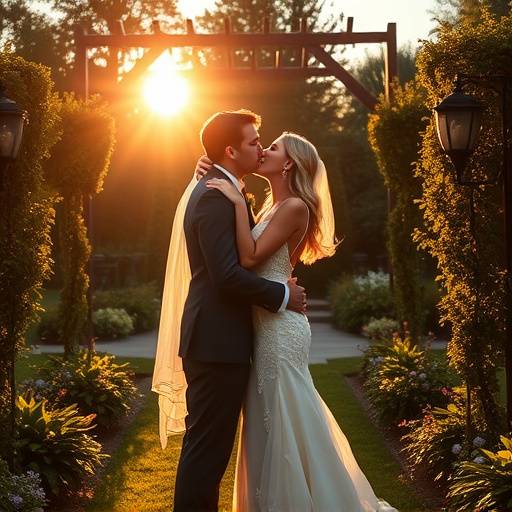 Fotografia do primeiro beijo do casal após a cerimônia em um jardim exuberante.
